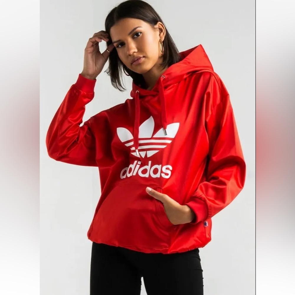 Adidas SATIN TREFOIL HOODIE SWEATER RED SIZE XS NEW